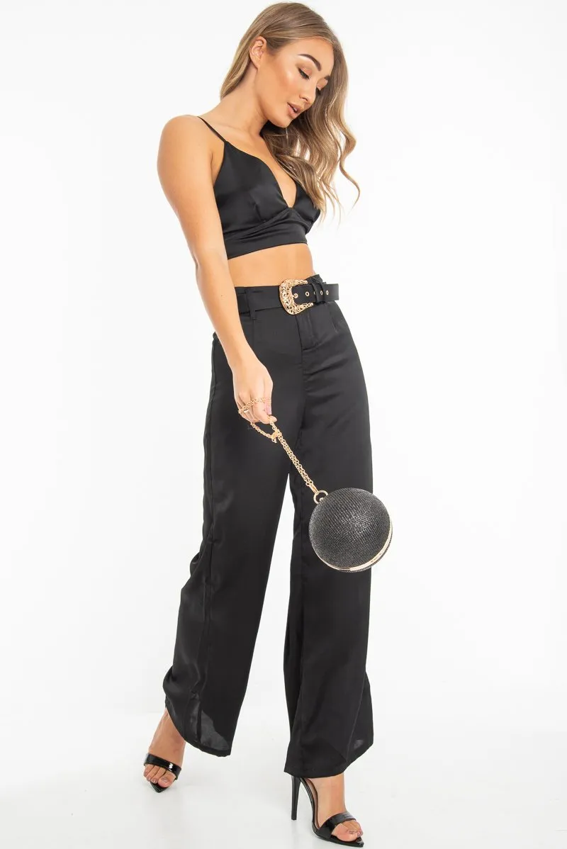 Black Satin Plunge Bralet Belted Trousers Co-Ord - Paola