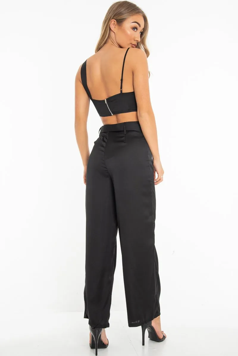 Black Satin Plunge Bralet Belted Trousers Co-Ord - Paola