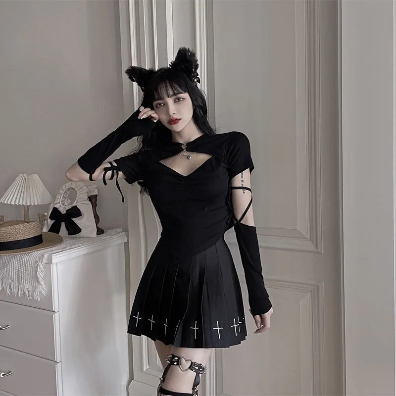 Black T-shirt   pleated skirt suit  KF82672