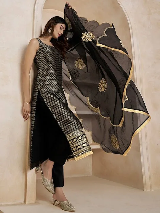 Black Woven Design Thread Work & Zari Straight Kurta & Trousers With Dupatta