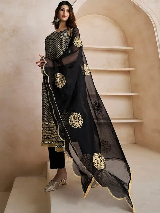 Black Woven Design Thread Work & Zari Straight Kurta & Trousers With Dupatta