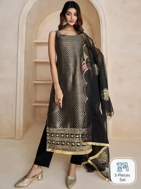 Black Woven Design Thread Work & Zari Straight Kurta & Trousers With Dupatta