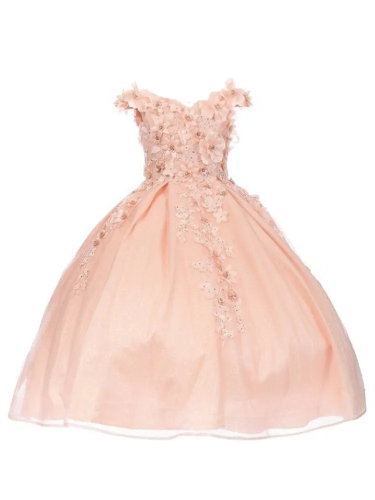 Bliss Big Girls Blush 3D Floral Applique Off Shoulder Ball Gown 8-16