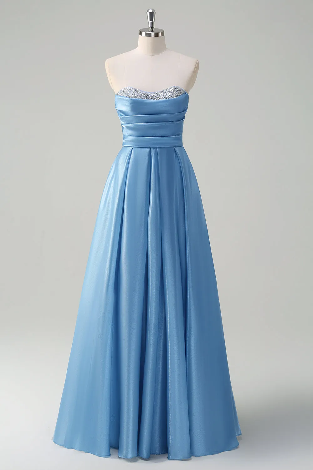 Blue A Line Sequined Pleated Strapless Prom Dress