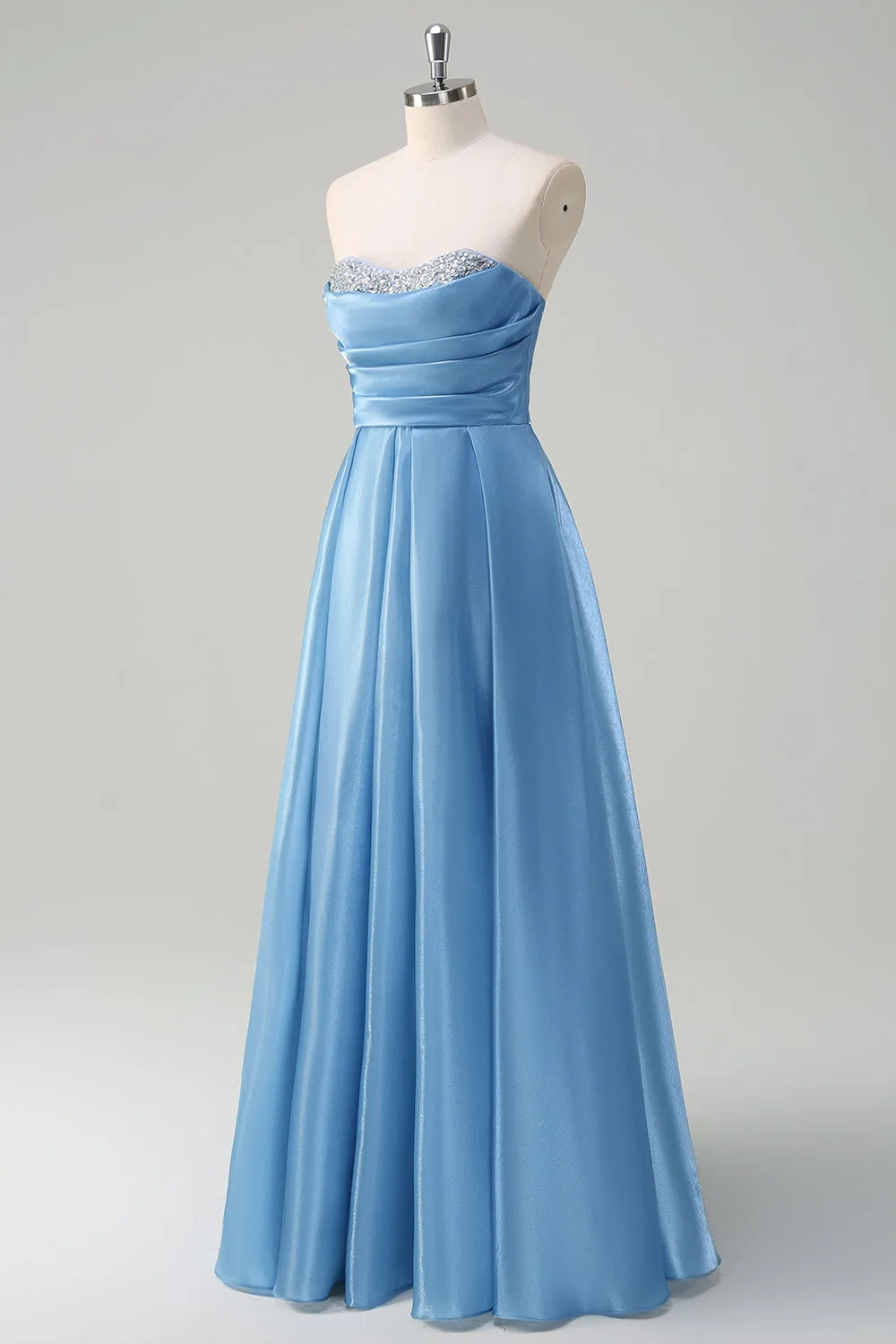 Blue A Line Sequined Pleated Strapless Prom Dress