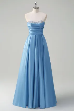 Blue A Line Sequined Pleated Strapless Prom Dress