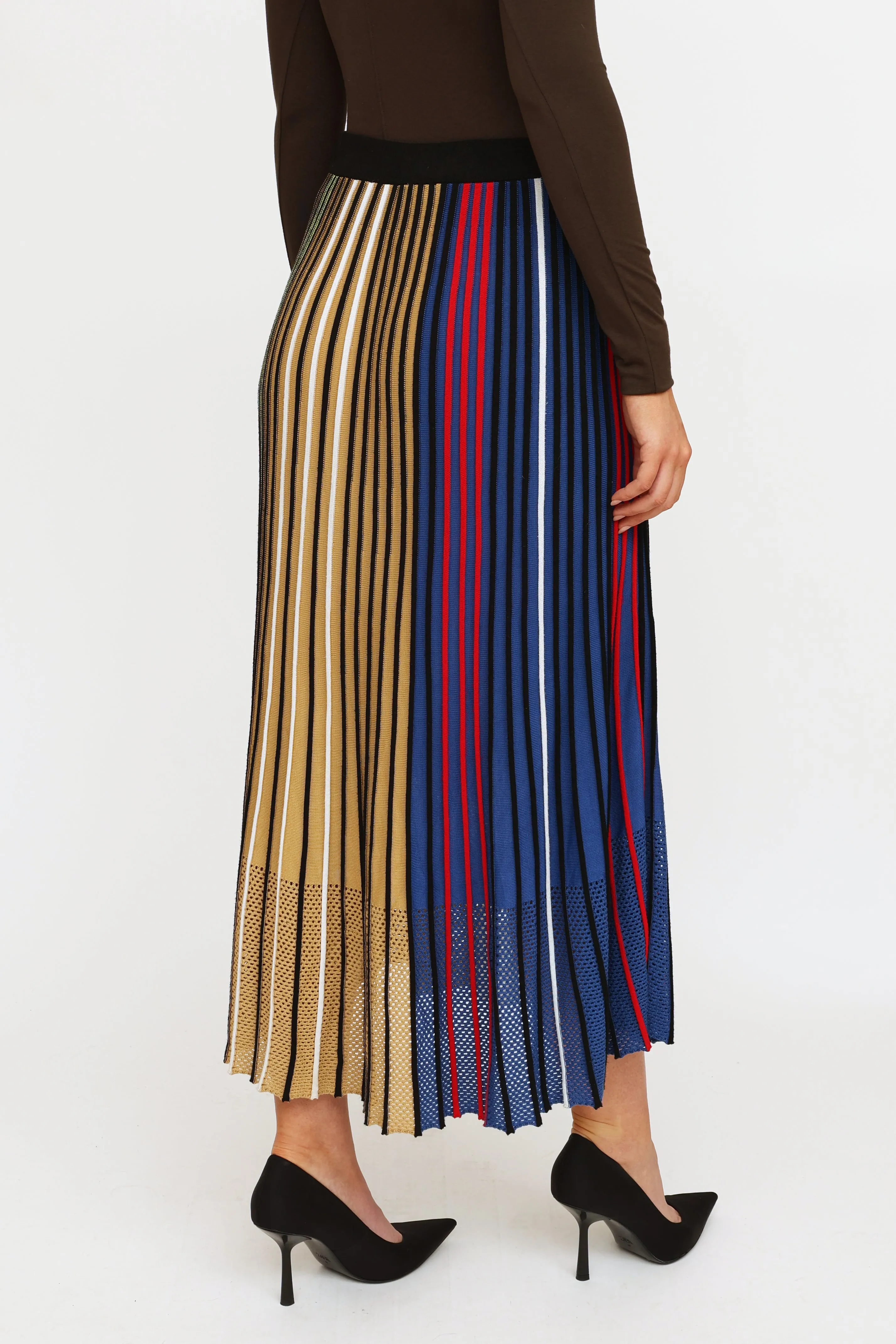 Blue & Multi-Colour Knit Pleated Maxi Skirt