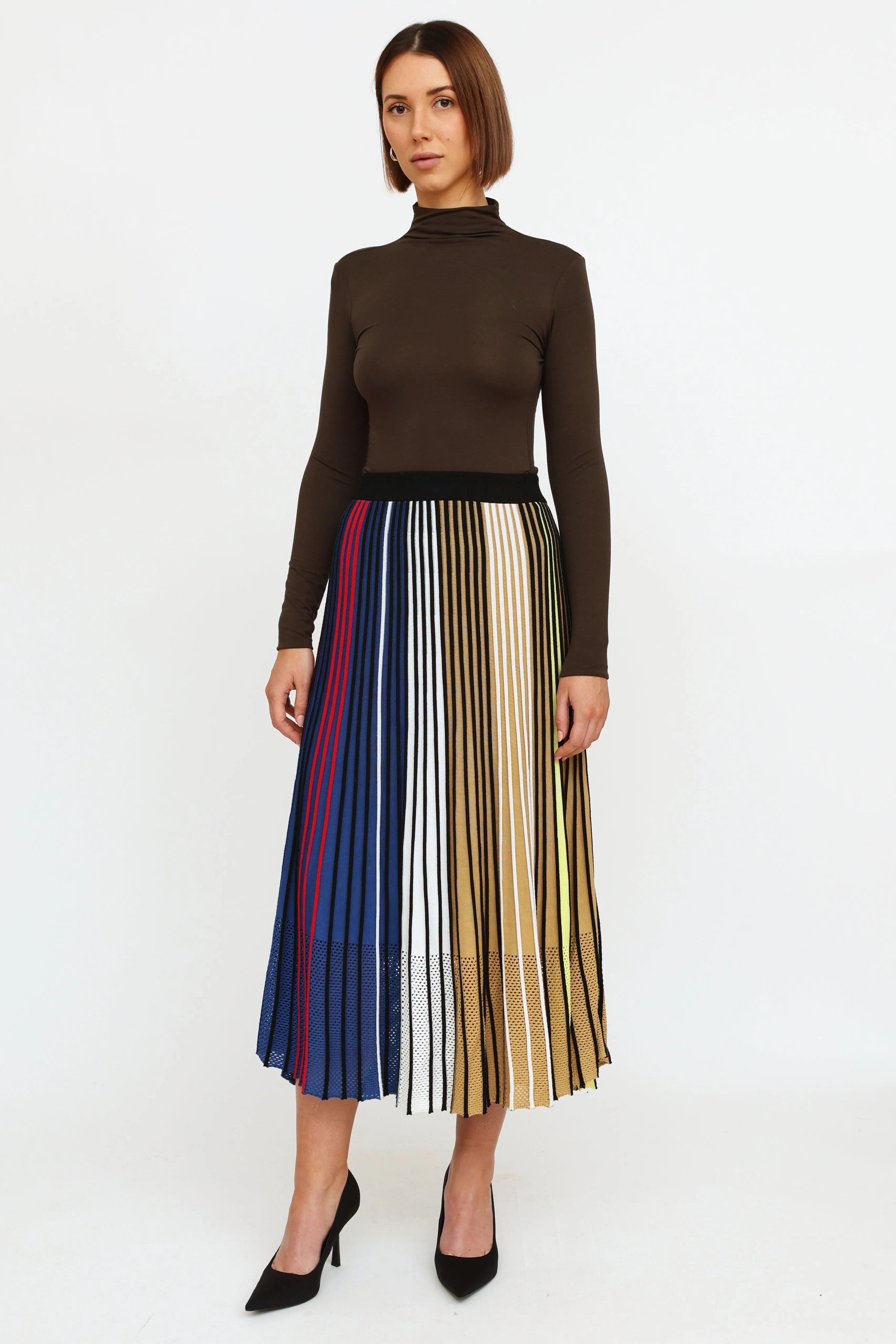 Blue & Multi-Colour Knit Pleated Maxi Skirt