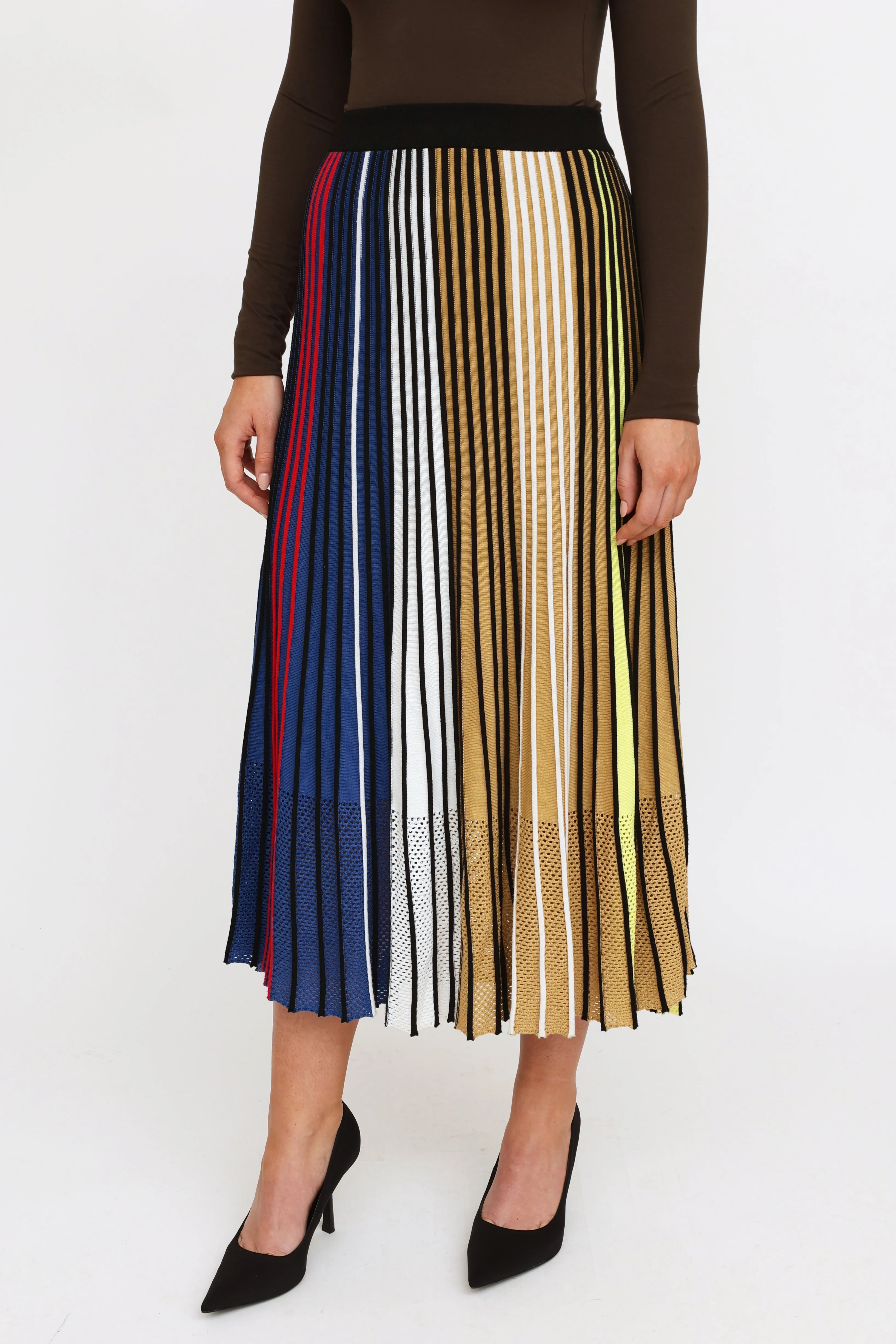 Blue & Multi-Colour Knit Pleated Maxi Skirt