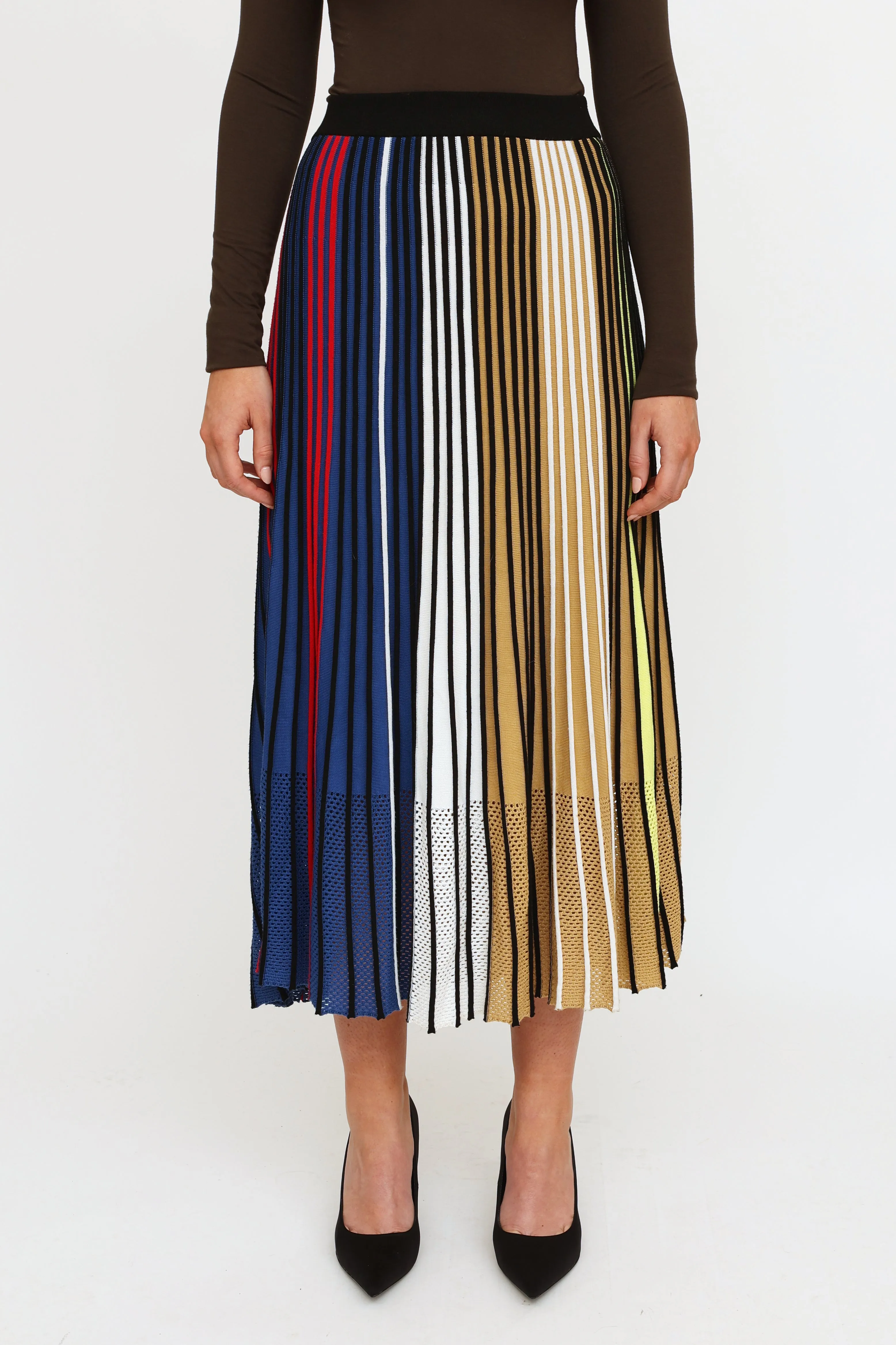 Blue & Multi-Colour Knit Pleated Maxi Skirt