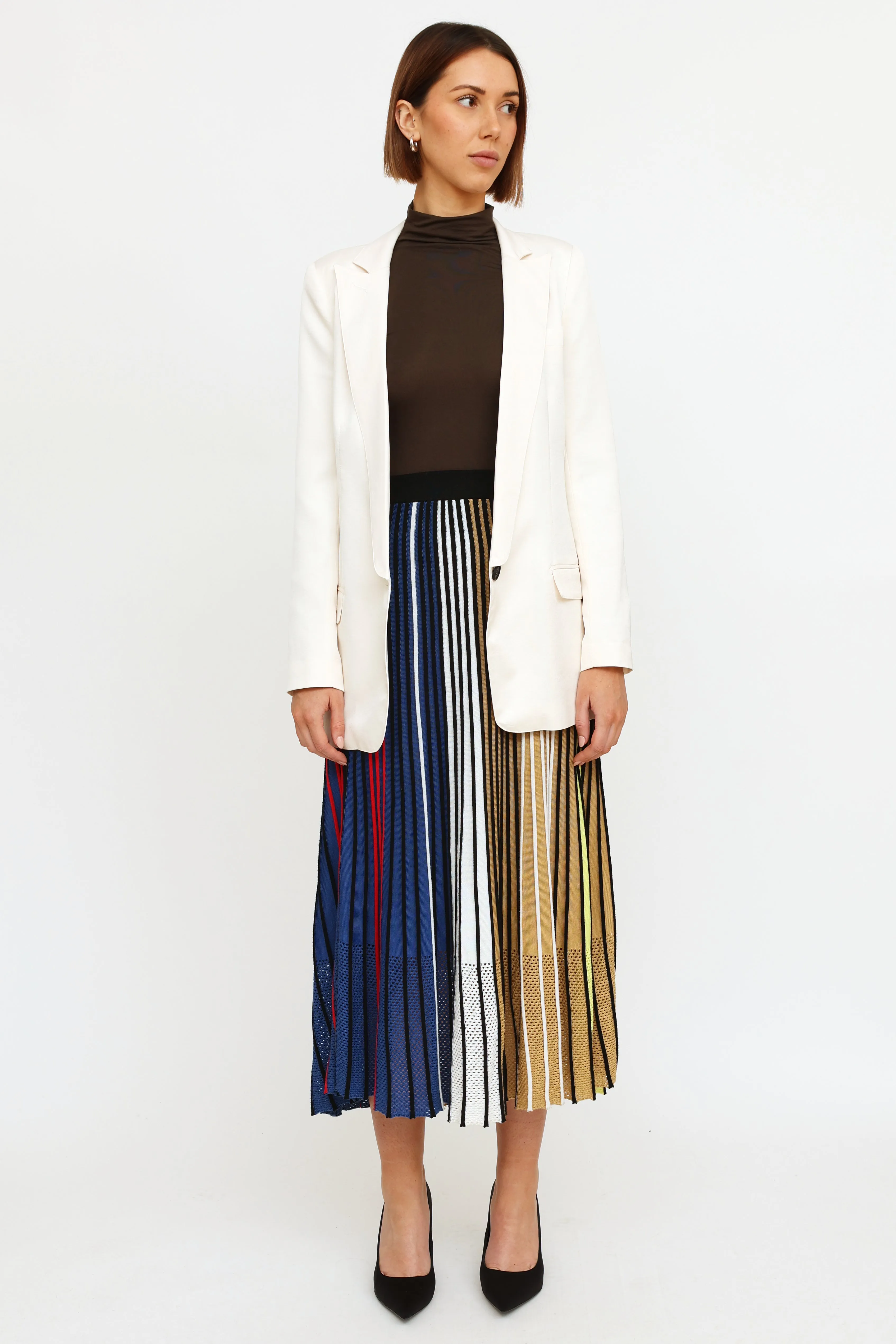 Blue & Multi-Colour Knit Pleated Maxi Skirt