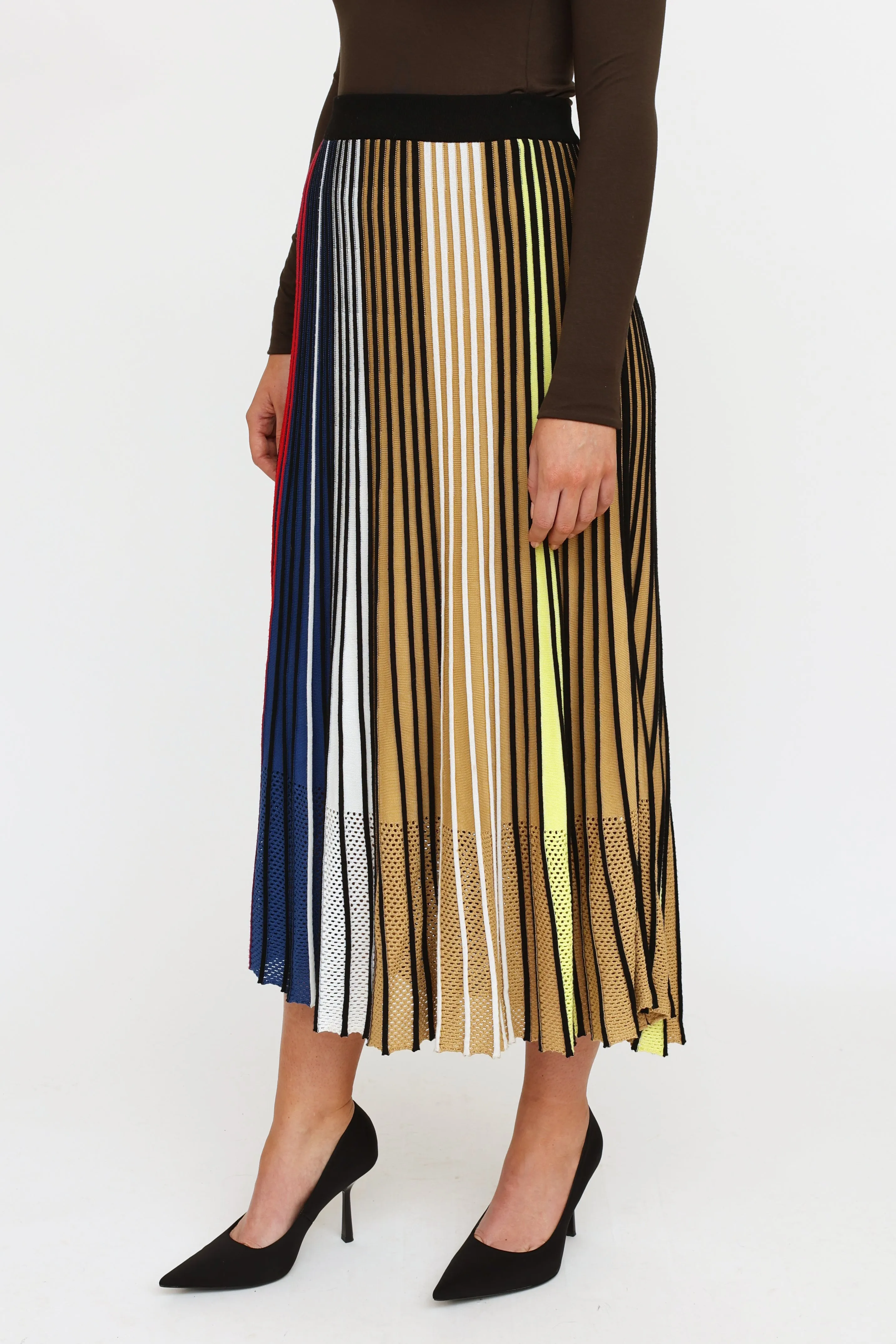 Blue & Multi-Colour Knit Pleated Maxi Skirt