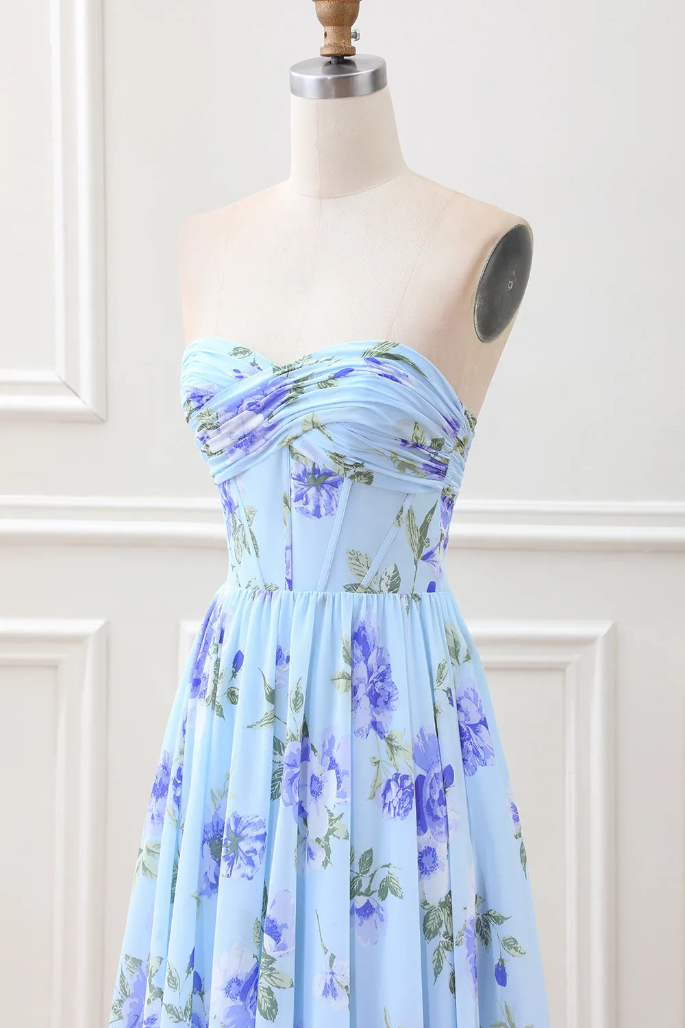 Blue Floral A Line Sweetheart Strapless Pleated Maxi Dress