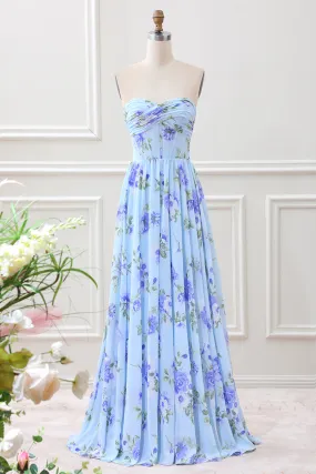 Blue Floral A Line Sweetheart Strapless Pleated Maxi Dress