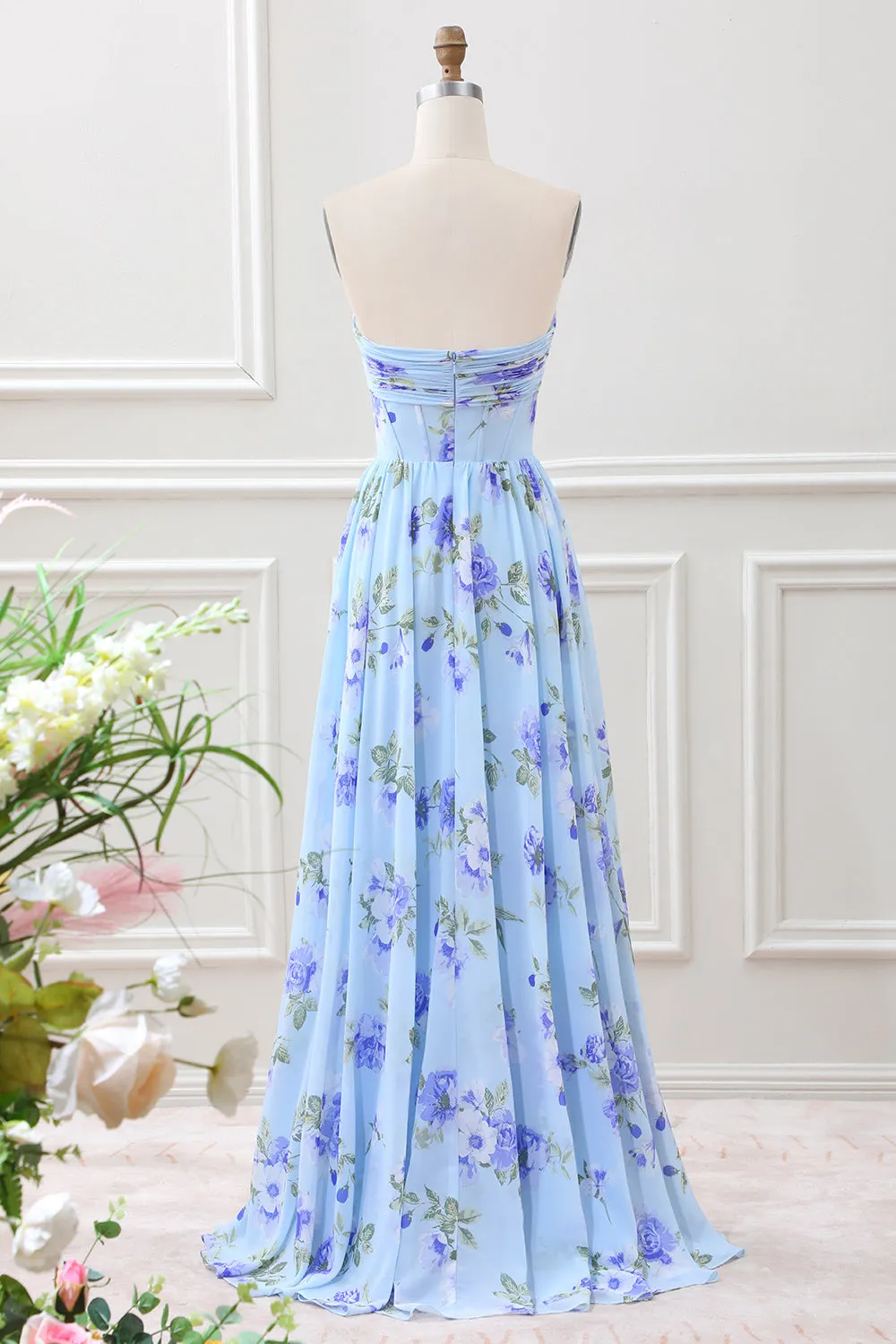 Blue Floral A Line Sweetheart Strapless Pleated Maxi Dress