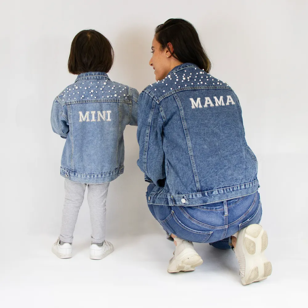 ((Blue Pearl) Mama and Mini Patch Blue Denim Jacket