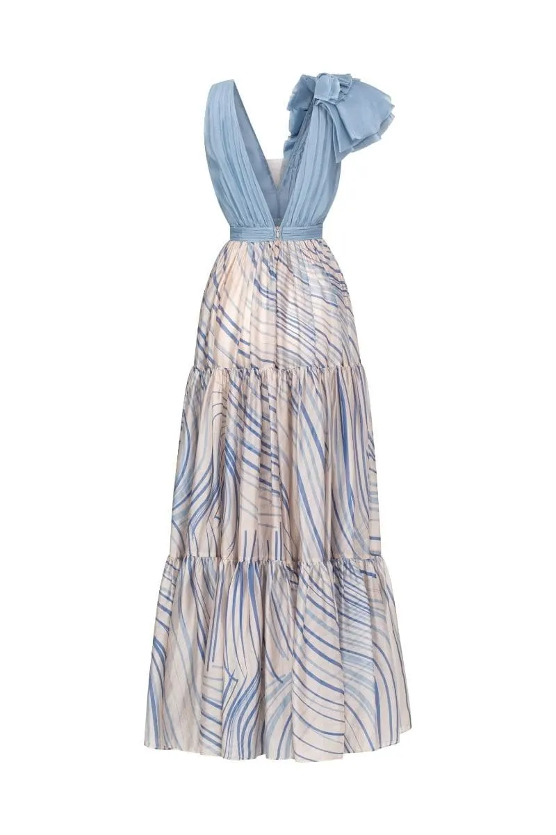 BLUE TRICIA SHINY SILK WAVE MAXI DRESS