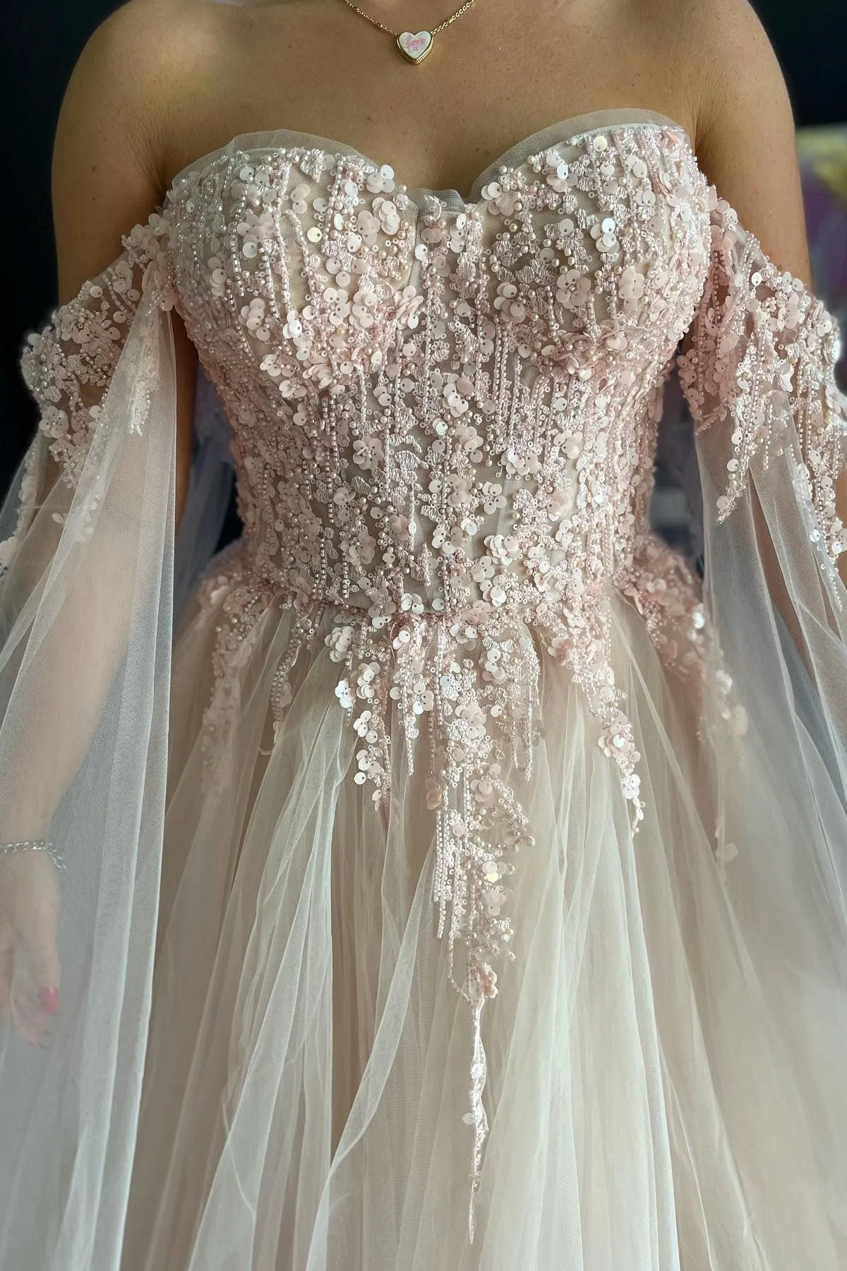 Blush Pink 3D Floral Lace Off-the-Shoulder Ball Gown