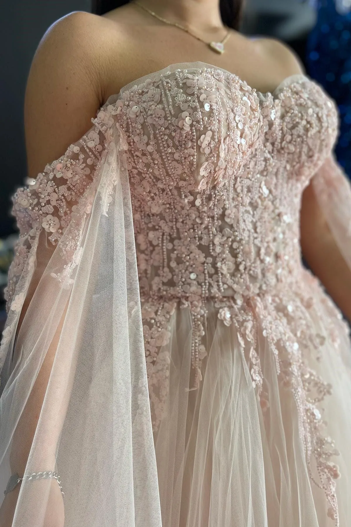 Blush Pink 3D Floral Lace Off-the-Shoulder Ball Gown