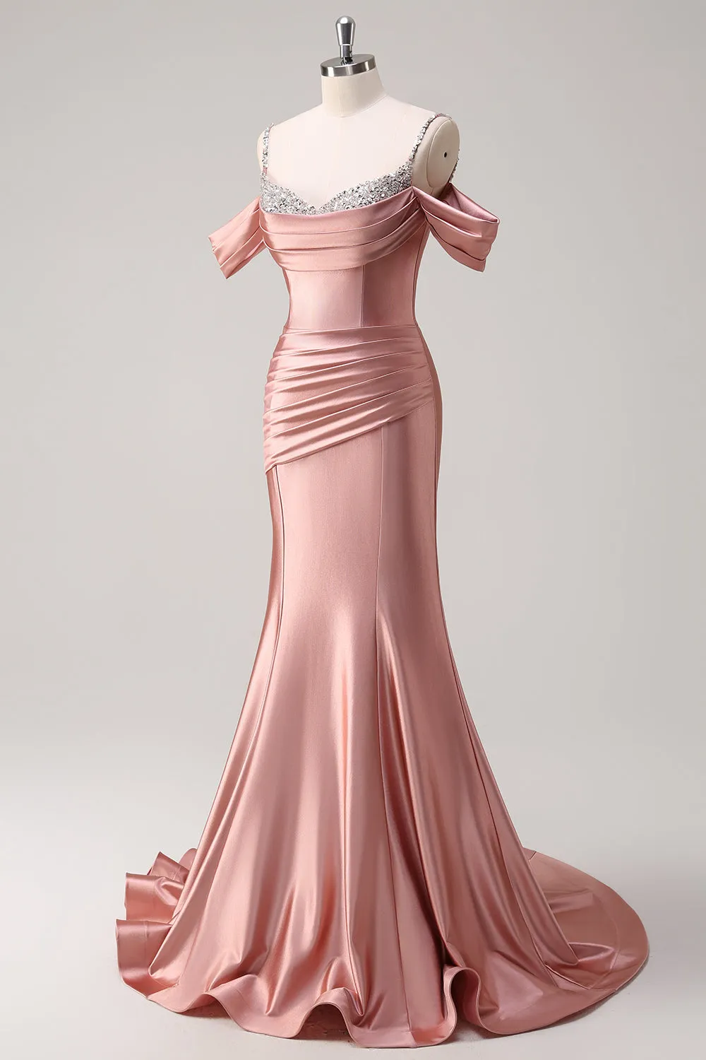 Blush Pleated Cold Shoulder Mermaid Prom Dress