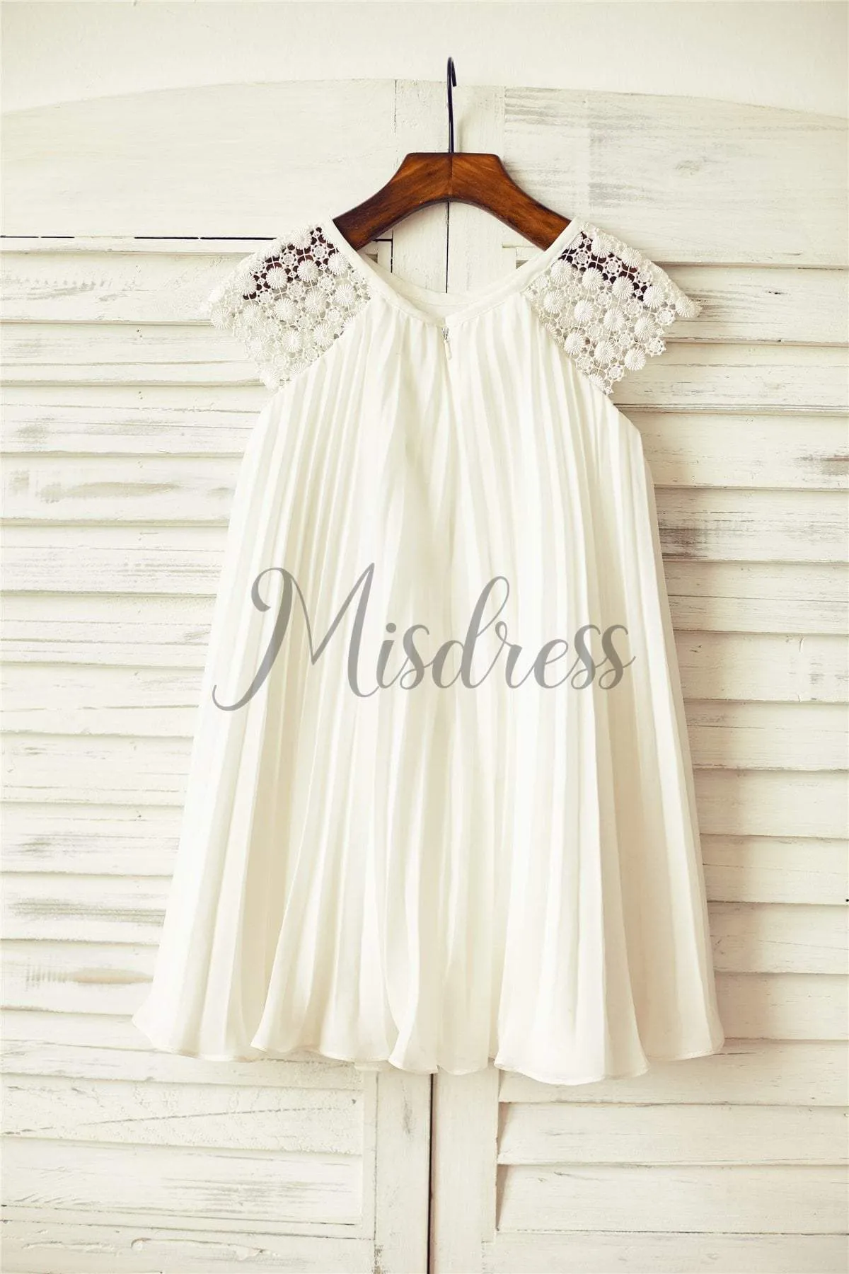 Boho Beach Ivory Pleated Chiffon Lace Cap Sleeves Flower Girl Dress