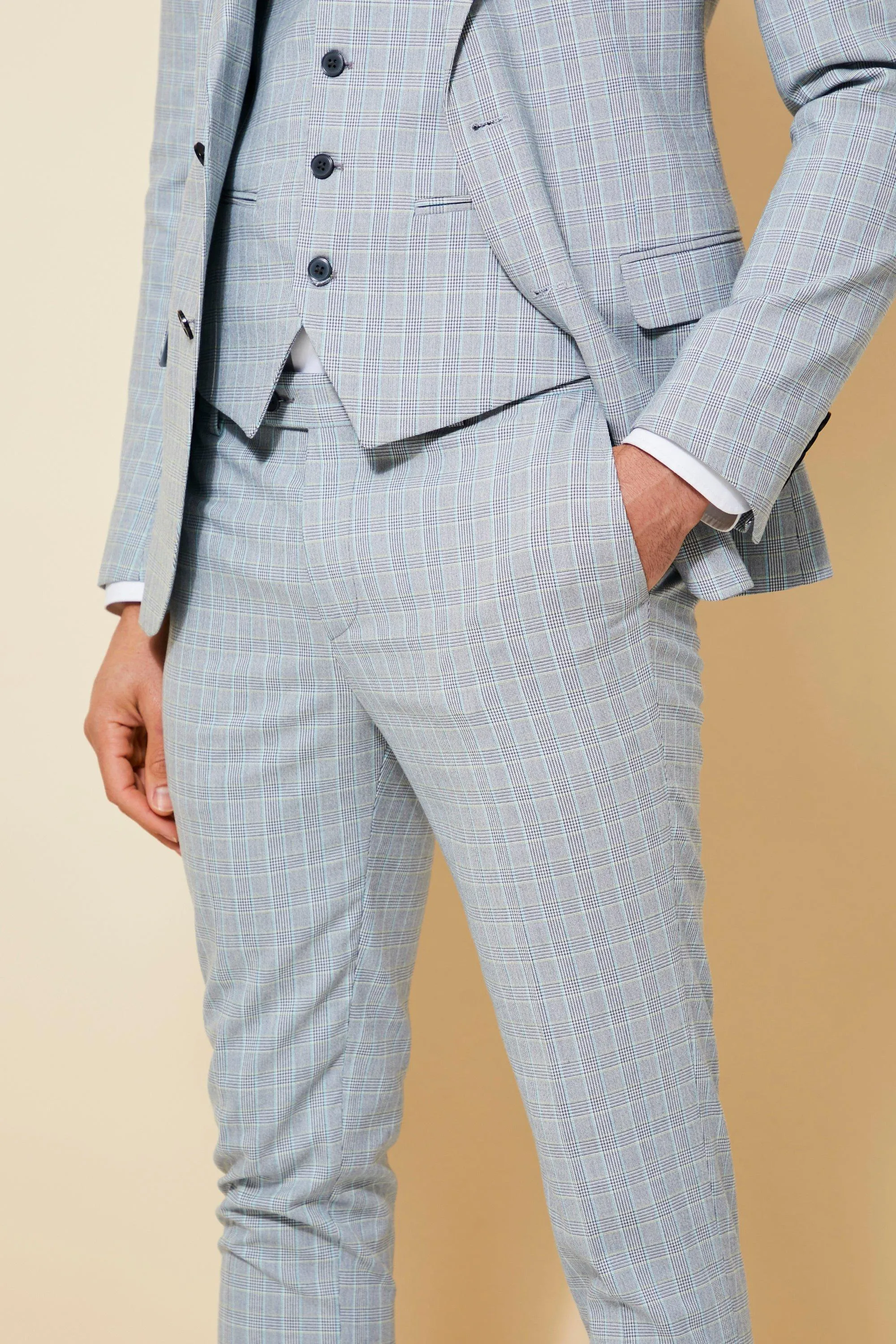 Boohoo Light Grey Super Skinny Check Suit Mens Trousers