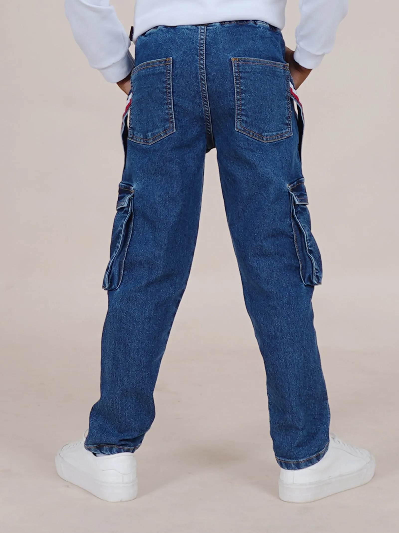 Boys Full Length Cargo Pocket Denim Jean With Side Strap & Elasticated Drawstring