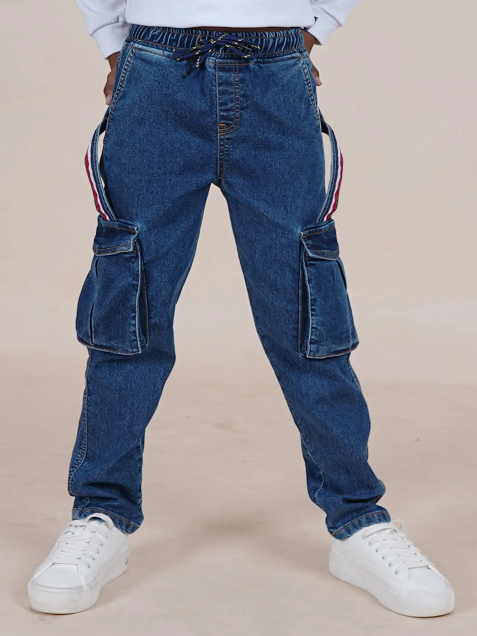 Boys Full Length Cargo Pocket Denim Jean With Side Strap & Elasticated Drawstring