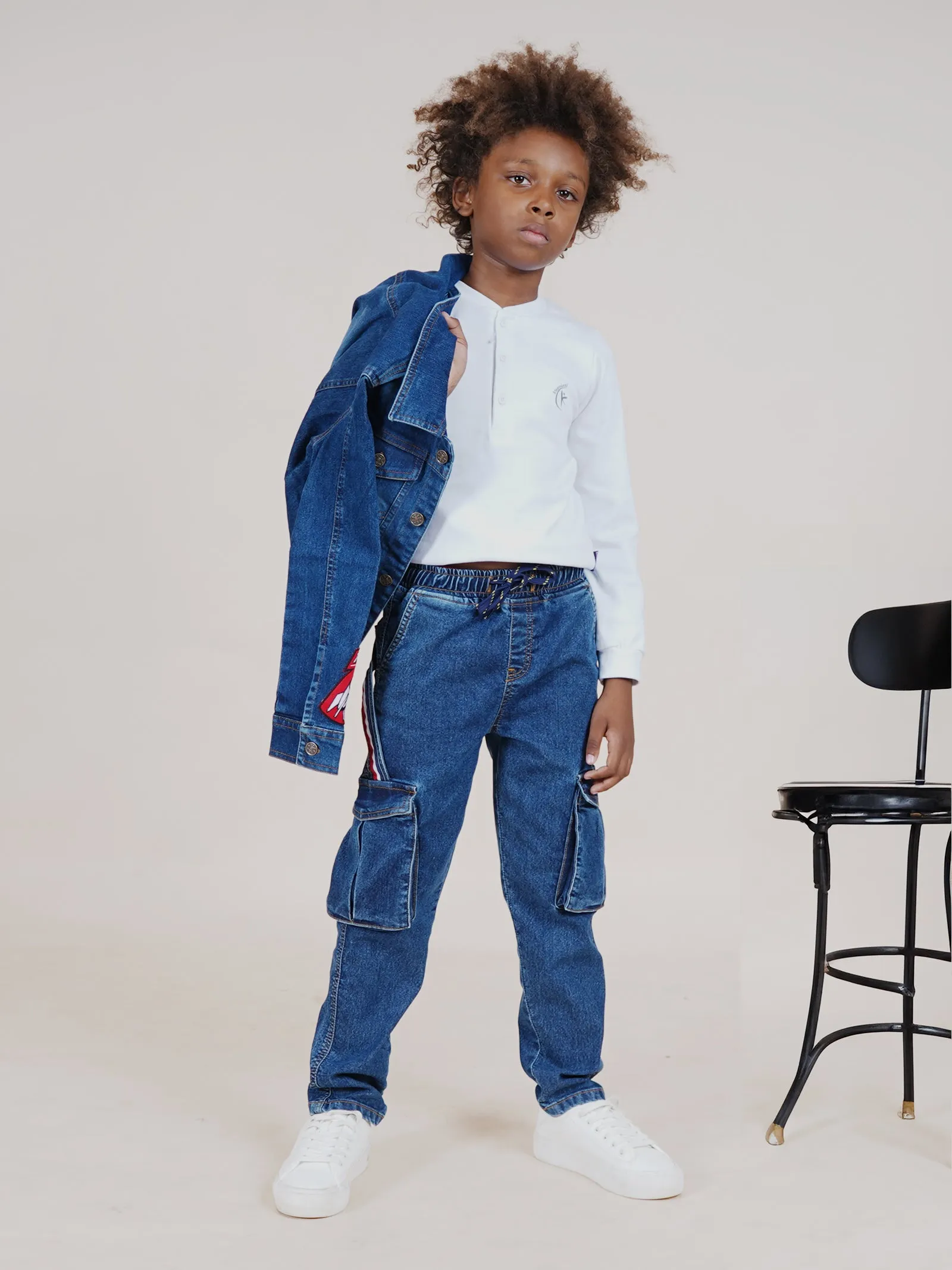 Boys Full Length Cargo Pocket Denim Jean With Side Strap & Elasticated Drawstring