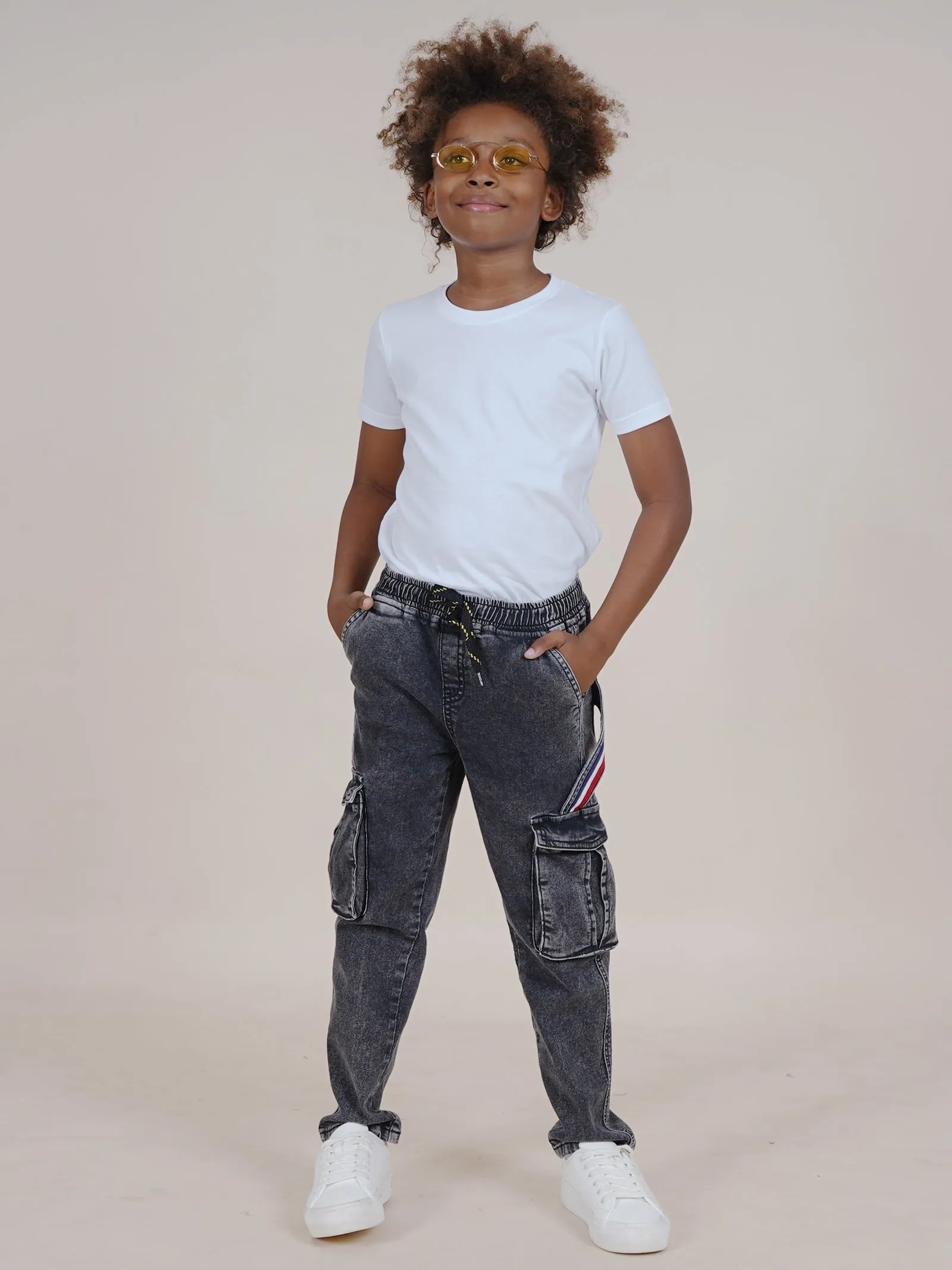 Boys Full Length Cargo Pocket Denim Jean With Side Strap & Elasticated Drawstring