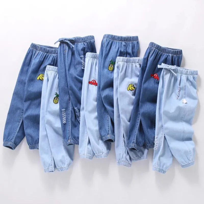 Boys Girls Summer Casual Thin Long Pants Fashion Solid Color Children Jeans Cartoon Embroidery Kids Trousers Denim Clothing 1-6Y