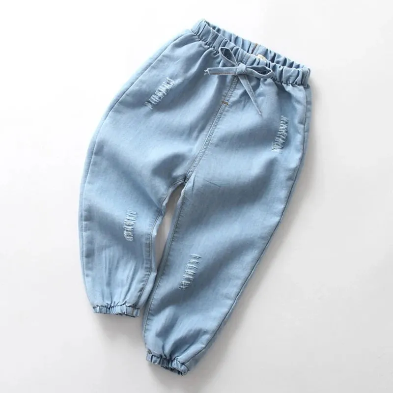 Boys Girls Summer Casual Thin Long Pants Fashion Solid Color Children Jeans Cartoon Embroidery Kids Trousers Denim Clothing 1-6Y