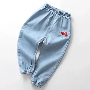 Boys Girls Summer Casual Thin Long Pants Fashion Solid Color Children Jeans Cartoon Embroidery Kids Trousers Denim Clothing 1-6Y