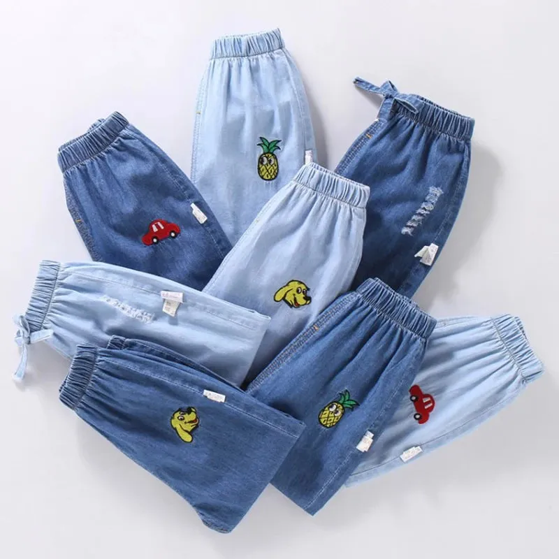 Boys Girls Summer Casual Thin Long Pants Fashion Solid Color Children Jeans Cartoon Embroidery Kids Trousers Denim Clothing 1-6Y