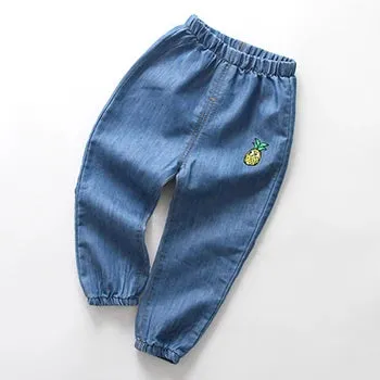 Boys Girls Summer Casual Thin Long Pants Fashion Solid Color Children Jeans Cartoon Embroidery Kids Trousers Denim Clothing 1-6Y