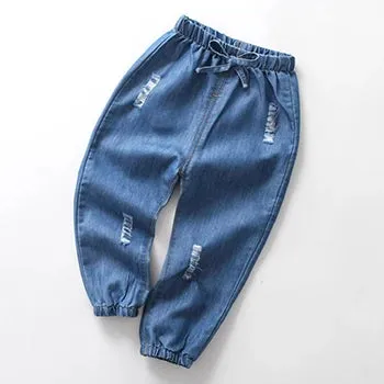 Boys Girls Summer Casual Thin Long Pants Fashion Solid Color Children Jeans Cartoon Embroidery Kids Trousers Denim Clothing 1-6Y