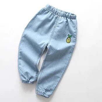 Boys Girls Summer Casual Thin Long Pants Fashion Solid Color Children Jeans Cartoon Embroidery Kids Trousers Denim Clothing 1-6Y