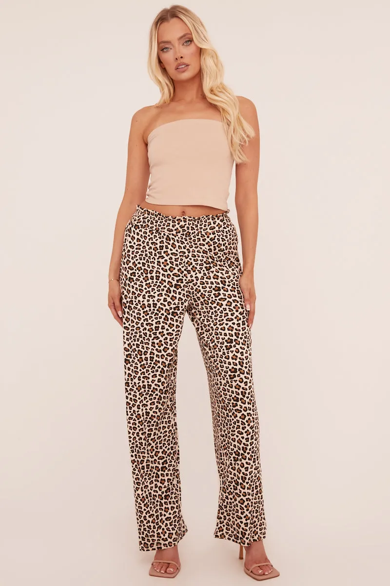 Brown Leopard Print High Waist Wide Leg Trousers - Hansel