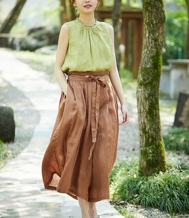 Brown linen Summer Loose Wide Leg Women Casual Pants Elastic Waist WG05131