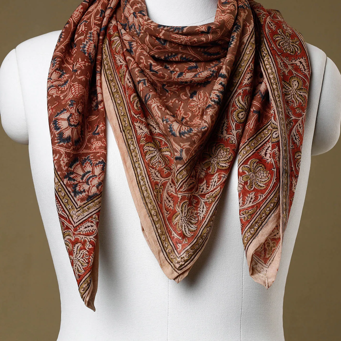 Brown - Original Pedana Kalamkari Block Printed Cotton Scarf