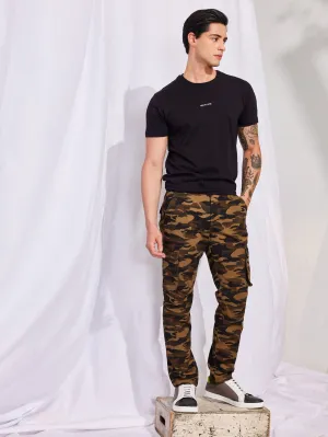 Brown Printed Slim Fit Cargo Trouser