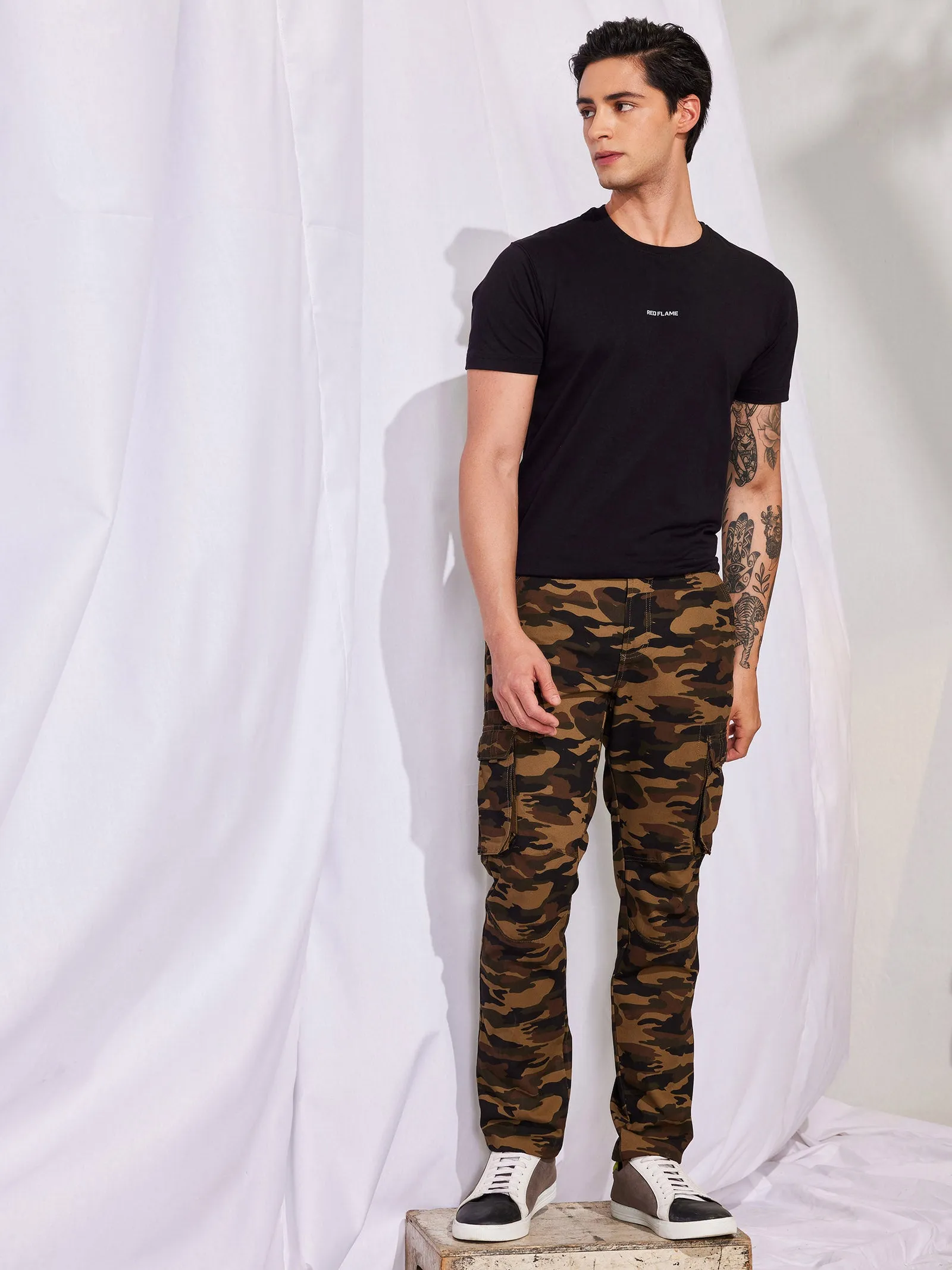 Brown Printed Slim Fit Cargo Trouser