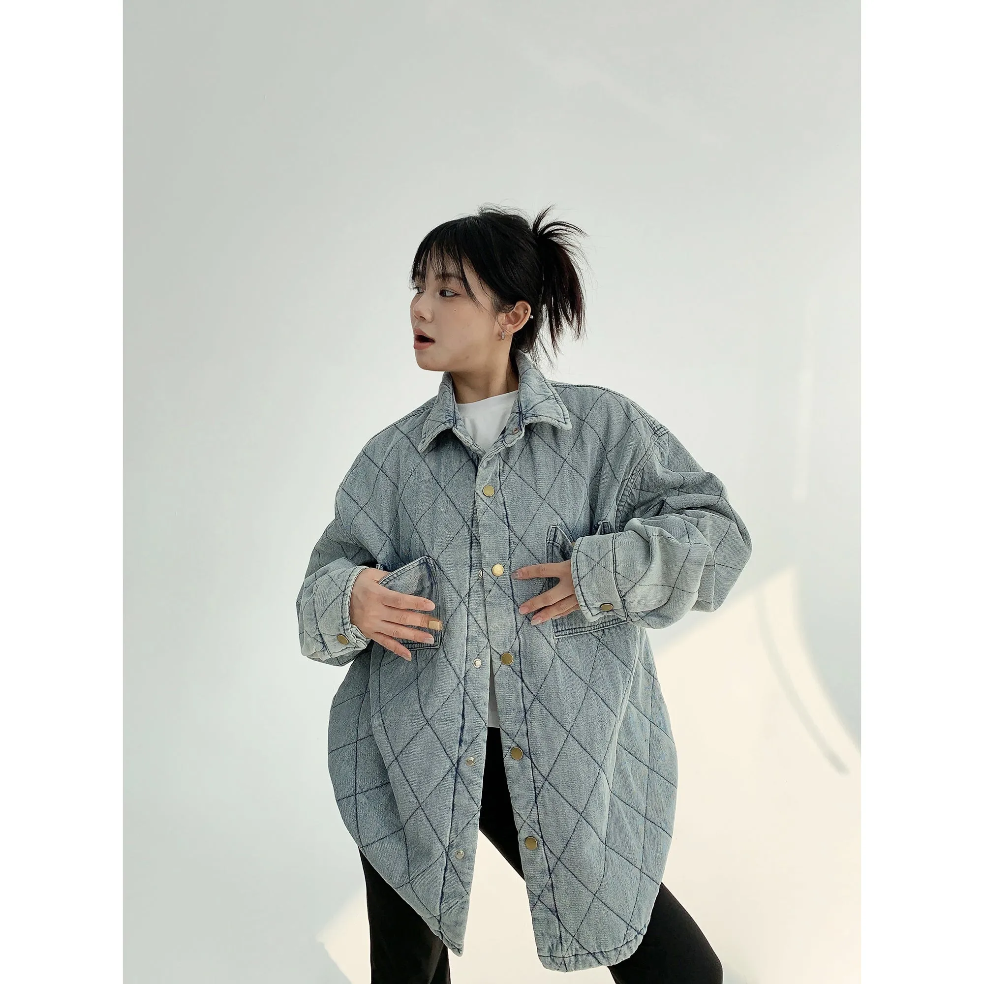 Button Closure Oversized Quilted Coat