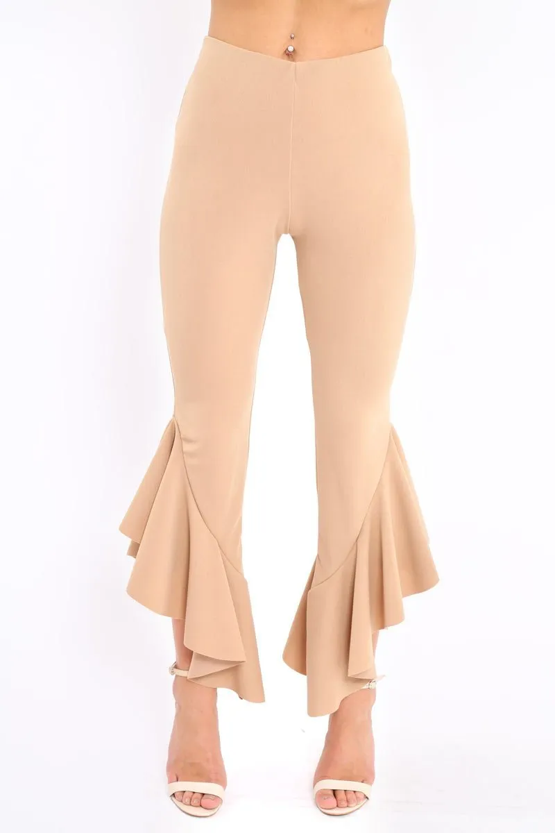 Camel Frill Flare Hem Trousers - Ashlie