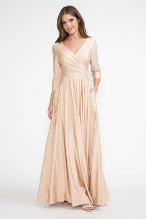 Champagne Gold Sleeve Wrap Pleated Flare Pockets Formal Dress