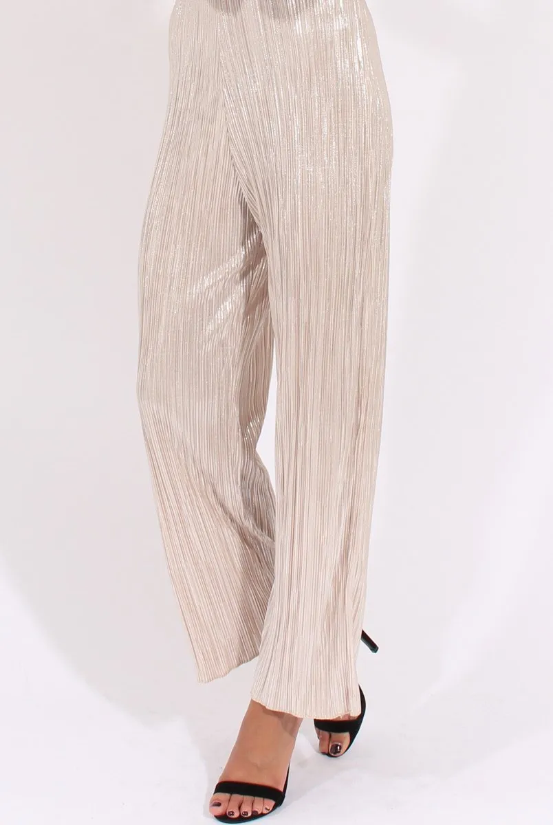 Champagne Metallic Pleated High Waisted Trousers - Phoebe