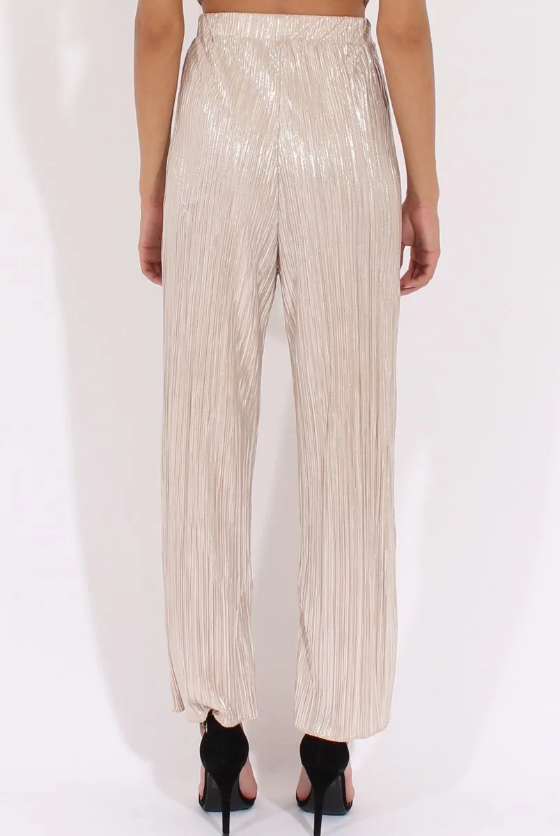 Champagne Metallic Pleated High Waisted Trousers - Phoebe