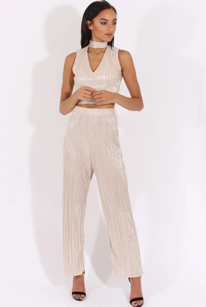 Champagne Metallic Pleated High Waisted Trousers - Phoebe