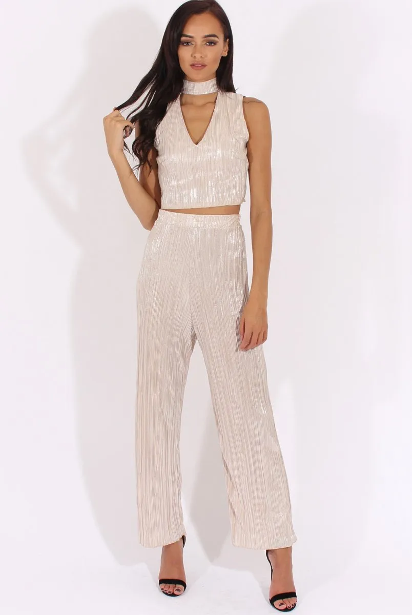 Champagne Metallic Pleated High Waisted Trousers - Phoebe