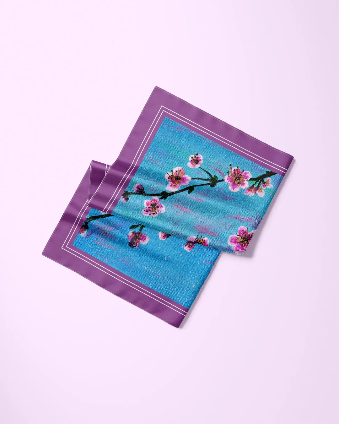 CHERRY BLOSSOM Designer 100% Silk Art-A-Porte Scarf in Blue Lavender